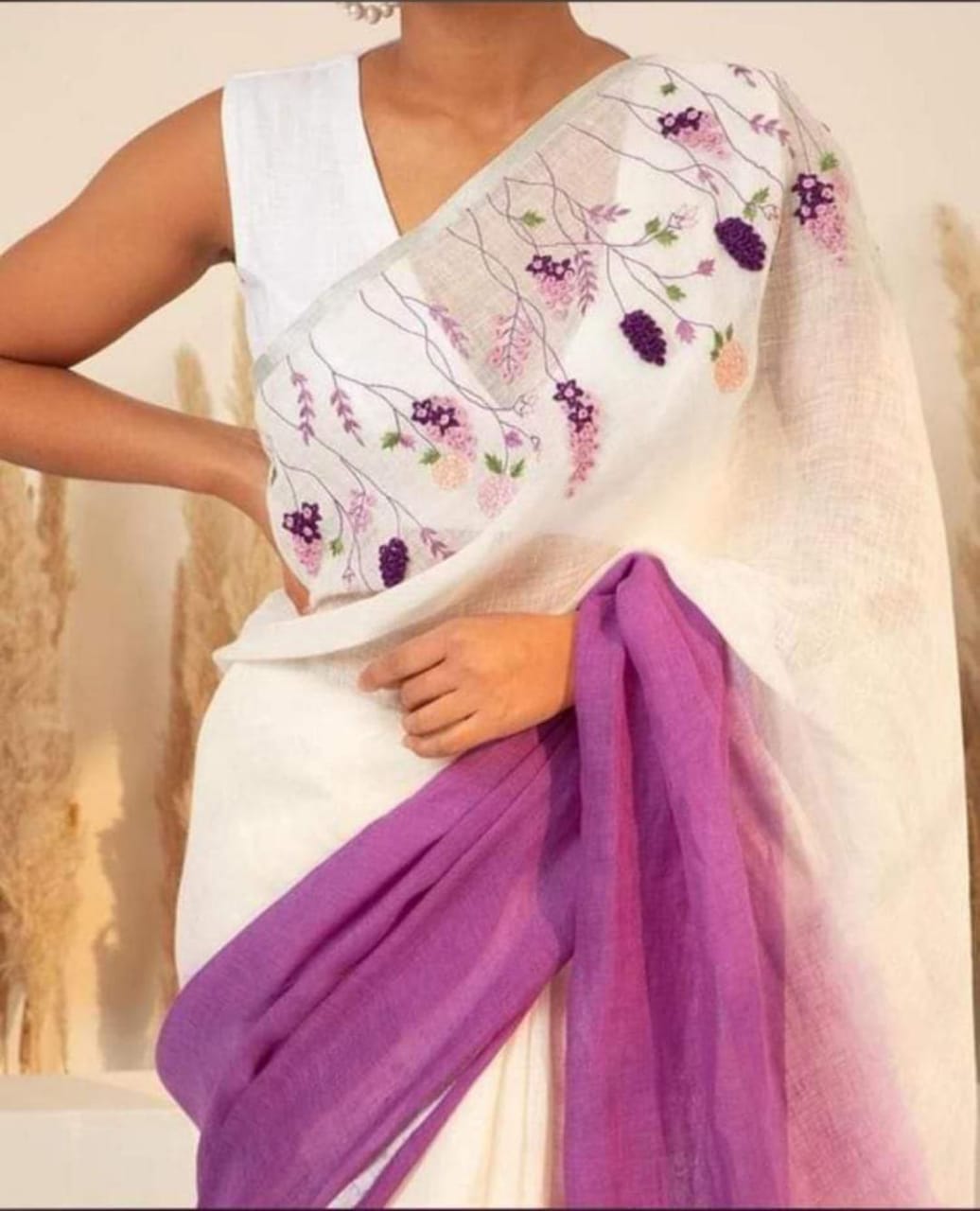 Pure & fine Linen Ombre Saree with handwoven floral embroidery